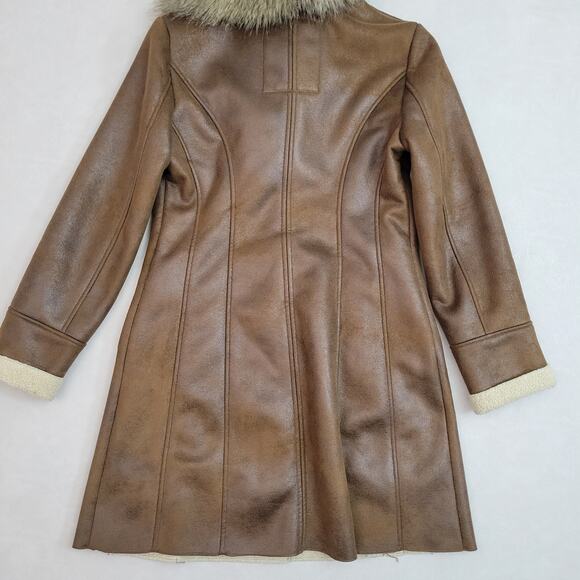 Guess Brown Faux Leather Knee Length Coat Faux Fur Collar Zip Pockets Small - Picture 5 of 13